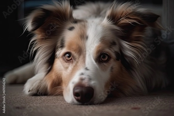 Fototapeta Portrait of border collie dog lying on the floor at home, Closeup of a dog lying on the carpet at home, AI Generated