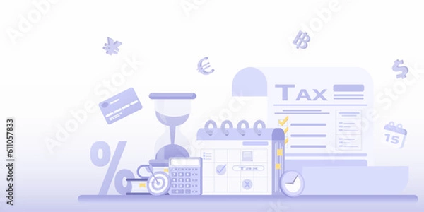 Fototapeta Payment of taxes and variety elements. Presentation income tax, planning, management, organization, form filling and submit. Flat vector design illustration with copy space.