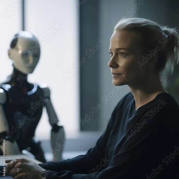 Fototapeta Engineer in her lab with her Cyborg, generative ai