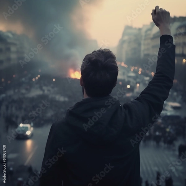 Fototapeta Victorious young man urging protesters, generative ai