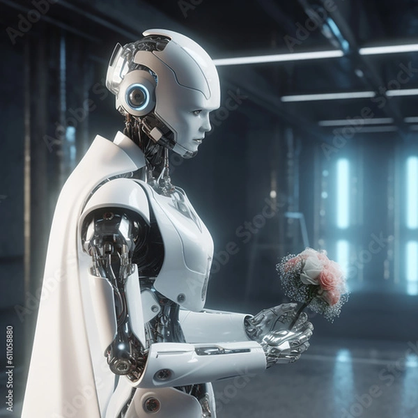 Fototapeta Cyborg Bride, holding flower, generative ai