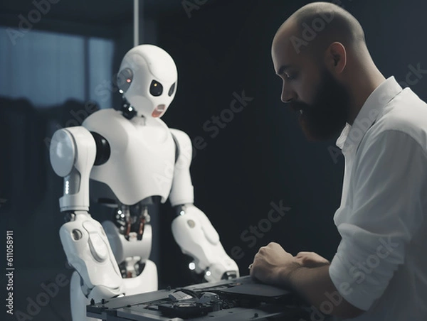 Fototapeta An Engineer Working on developing a new Cyborg, generative ai