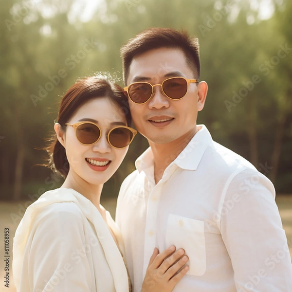Fototapeta Happy Chinese Couple smiling, wearing sunglasses, sunny day, generative ai