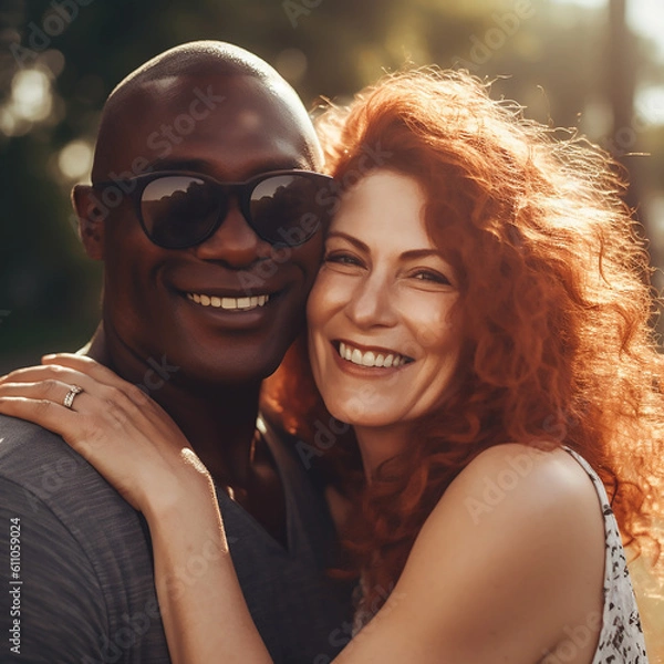 Fototapeta Beautiful Happy Couple, Black Man and White Ginger Woman, generative ai