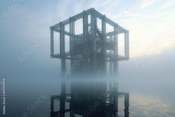 Fototapeta 3d structure made of glass and steel, with misty fog and reflections, created with generative ai