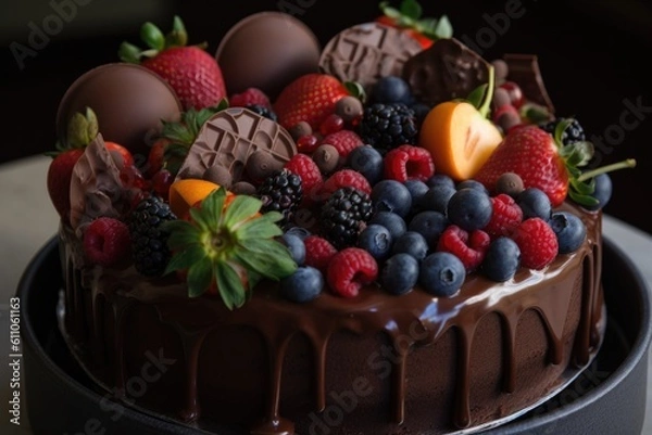 Fototapeta chocolate truffle cake, with ganache and fresh fruit, created with generative ai
