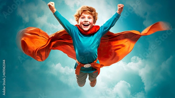 Fototapeta boy wearing a vibrant superhero cape, jumping off a small hill, his arms outstretched, summer vibe, Generative AI
