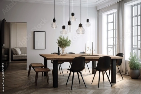 Fototapeta minimalist dining room, with sleek lighting and simple decor, created with generative ai