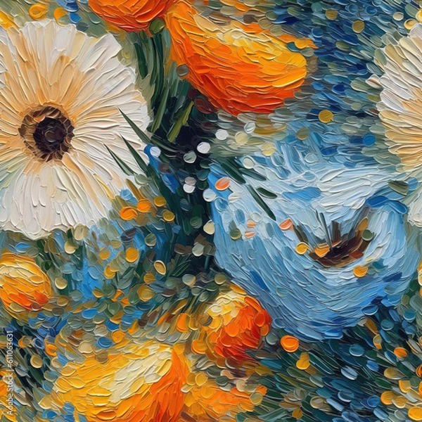 Fototapeta Flowers oil painting seamless repeat pattern, colorful, impressionism [Generative AI]
