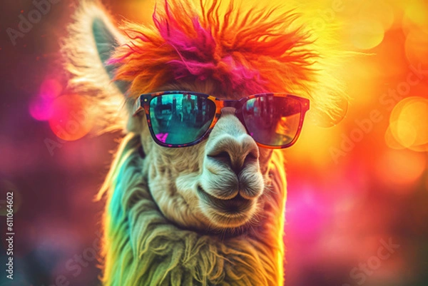 Fototapeta colorful portrait of a crazy alpaca with glasses, generative ai