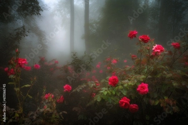Fototapeta burst of red roses in the misty forest setting, created with generative ai