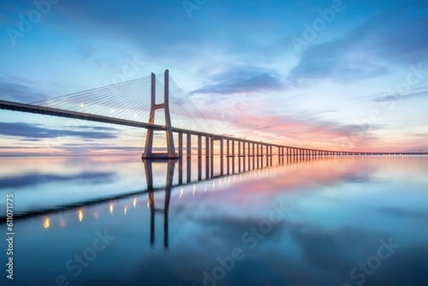 Fototapeta Vasco da Gama bridge in Lisbon by sunrise, Portugal. The Vasco da Gama Bridge is a landmark, and one of the longest bridges in the world. Urban landscape. Portugal is an amazing tourist destination