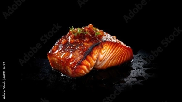 Fototapeta grilled salmon on sleek black background - created using generative AI tools