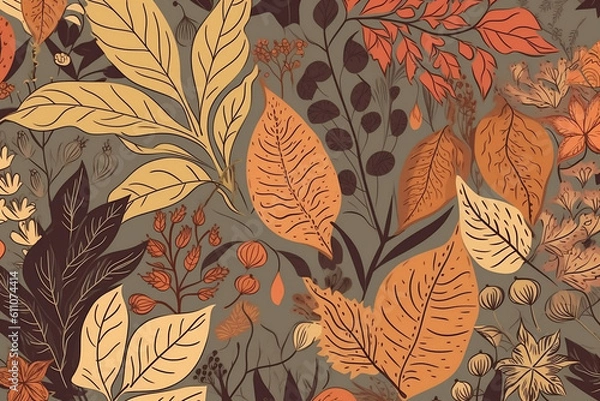 Fototapeta Autumn seamless pattern with different plants and leaves, seasonal decorative design. 