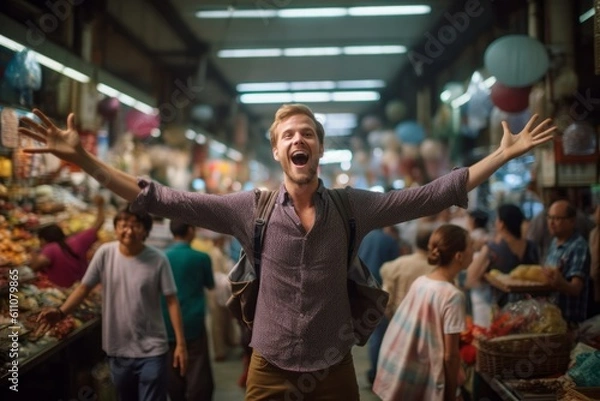 Fototapeta Close-up portrait photography of a glad boy in his 30s jumping with hands up against a bustling indoor market background. With generative AI technology