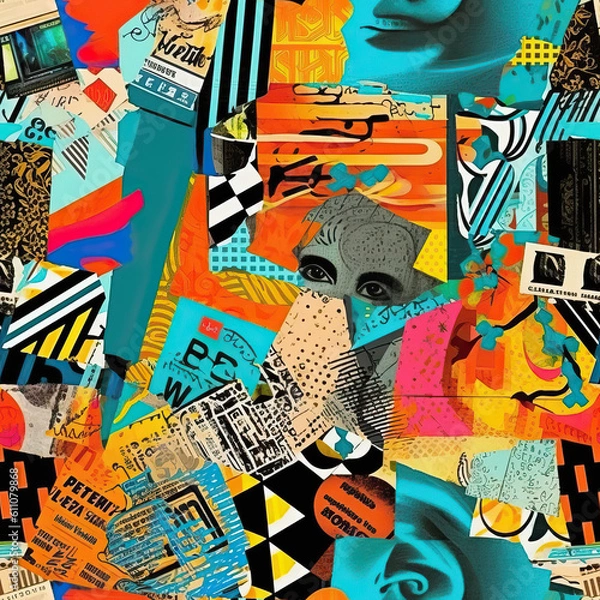 Fototapeta Art collage mood board seamless repeat pattern [Generative AI]
