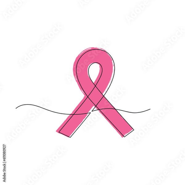 Fototapeta Pink ribbon drawn in one continuous line. Pencil drawing style. National Breast Cancer Awareness month. One line drawing, minimalism. Vector illustration.