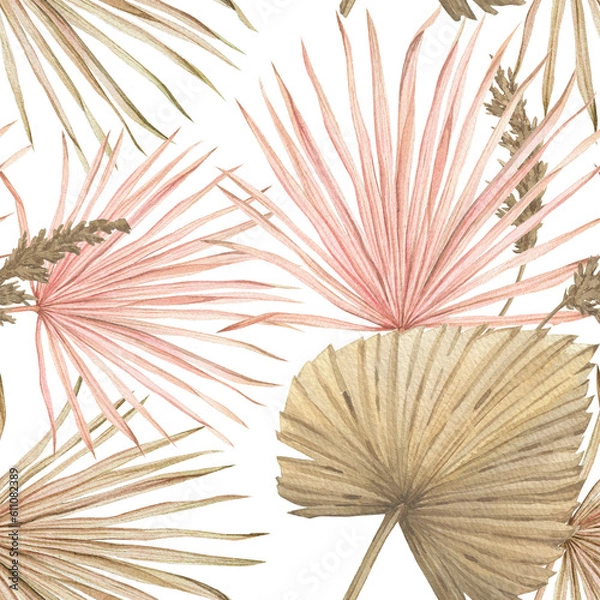 Obraz Watercolor tropical dried boho palm leaves illustration. Hand painted exotic flowers. Seamless pattern.