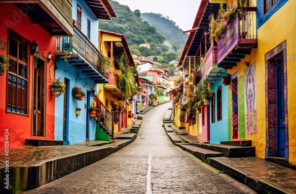 Obraz colorful street with colorful houses Colombia typical, generative ai
