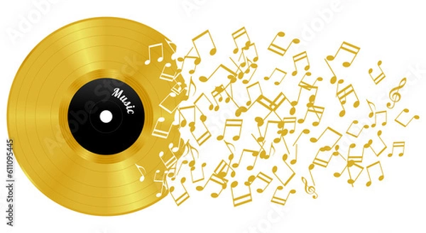 Obraz Abstract gold vinyl record with notes, transparent background