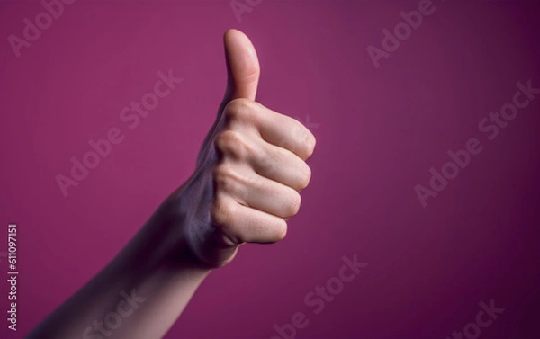 Fototapeta Hand with thumb up on magenta isolated background.Close up view.Copy and text space.Created with generative ai