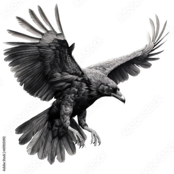 Obraz a black raven in flight, Wildlife-themed, cutout, isolated, photorealistic illustrations in a PNG. Generative AI