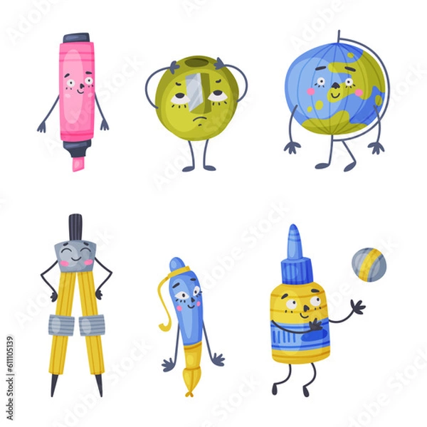 Fototapeta Funny School and Office Supply Humanized Character Vector Illustration Set