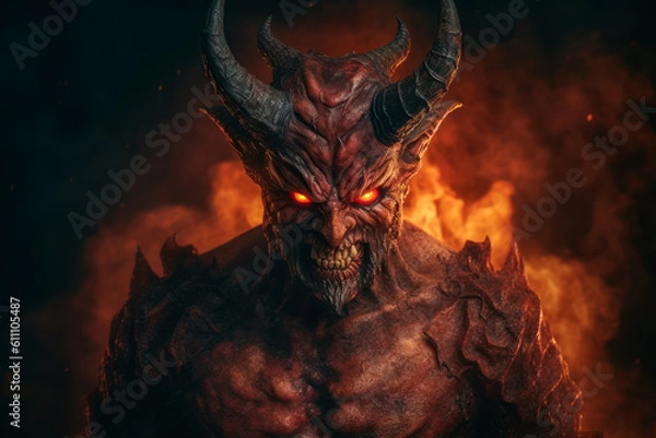 Fototapeta Scary demon with evil look. Glowing eyes, devil inspiration, fear and hell atmosphere. Generative AI