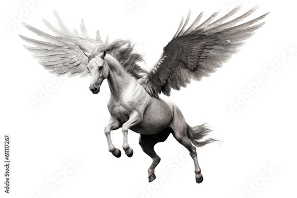 Obraz a majestic Pegasus, White horse with wings, flying, Mythology-themed, photorealistic illustrations in a PNG, cutout, and isolated. Generative AI