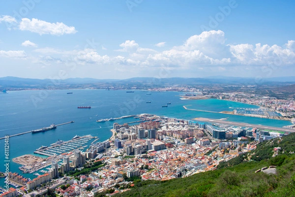 Fototapeta Aerial view of Gibraltar, Algeciras Bay and La Linea de la Concepcion from the Upper Rock. View on coastal city from above