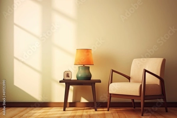 Fototapeta cozy workspace with a desk and chair illuminated by a lamp. Generative AI