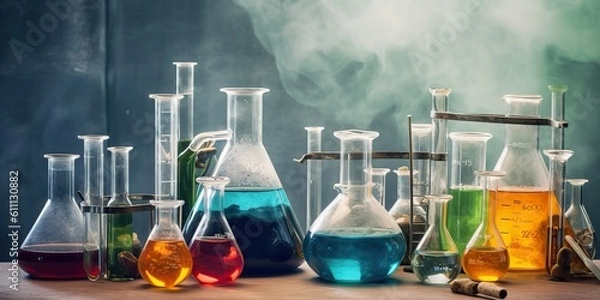 Fototapeta AI Generated. AI Generative. Chemistry lab laboratory technical equipment with many glassware bottle for medicine research. Graphic Art
