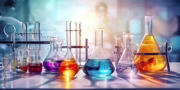 Obraz AI Generated. AI Generative. Chemistry lab laboratory technical equipment with many glassware bottle for medicine research. Graphic Art