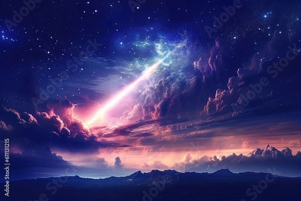 Fototapeta Falling star and clouds, ai generated