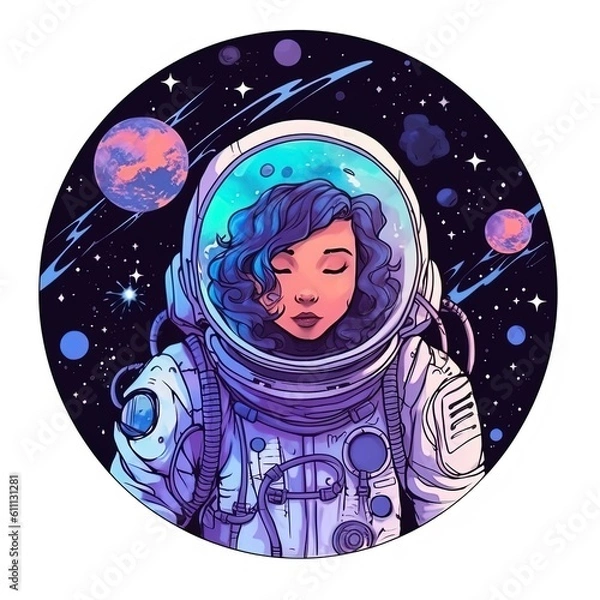 Fototapeta Female astronaut with planets in background, ai generated