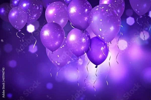 Fototapeta Purple balloons floating in the air, a festive celebration with bokeh background, Generative AI