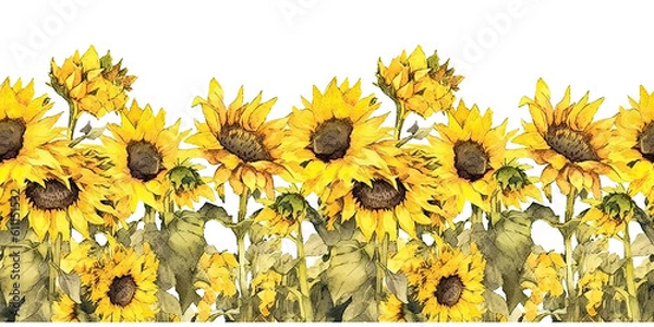 Fototapeta tiled watercolor sunflower  borders with transparent background- repeating edge to edge. generative AI 
