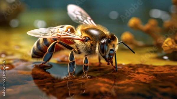 Fototapeta A bee drinking from a water puddle. Generative ai
