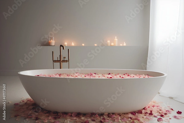 Obraz bathroom with bathtub with rose petals - AI Technology