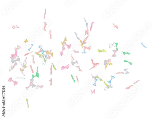 Fototapeta Bows flying in air. Many small ribbon in red, blue, pink, yellow throw explosion. Small Bow floating abstract black background isolated, high speed shutter freeze action