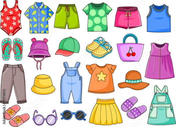 Obraz A collection of vibrant and playful illustrations depicting various clothing items suitable for summertime. 