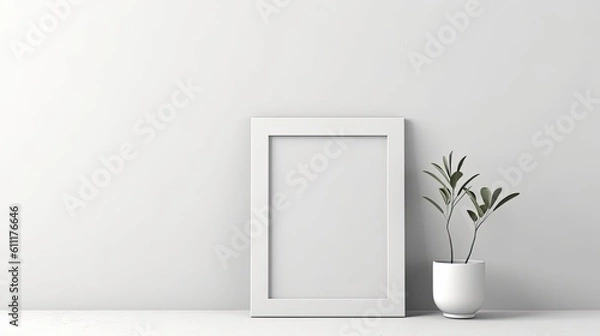 Fototapeta An interior mockup shows a white rectangular frame leaning against a white floor. Model of a framed image for a wall Generative AI