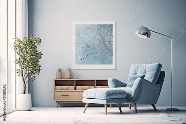 Fototapeta Interior of a white living room with a blue armchair, a vertical poster in a frame, and some drawers. mock-up toned double-exposed image Generative AI