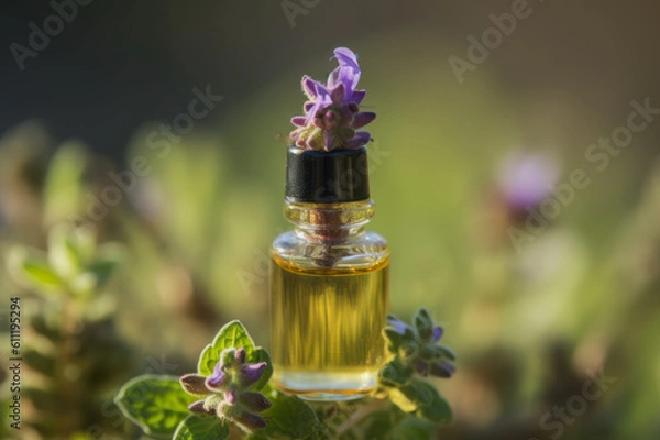 Obraz Salvia hispanica, chia essential oil and chia flowers on the wooden table. Created with generative AI tools