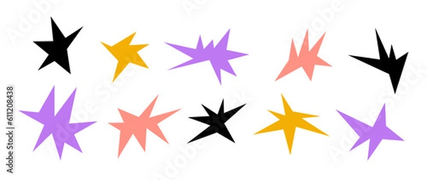Fototapeta Sharp shapes collection. Bright irregular sparks and twinkles set. Abstract edgy sparkles and stars element pack. Asymmetry angular forms bundle for banner, collage, poster, sticker. Vector 