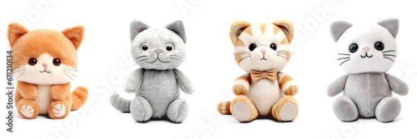 Fototapeta Stuffed kitten toys set isolated on transparent background. Fluffy soft cat toys Generative AI 