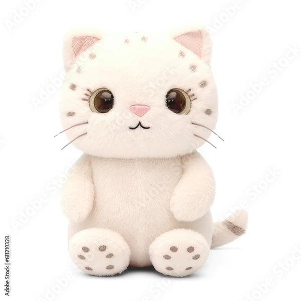 Fototapeta Stuffed cat toy isolated on transparent background. Fluffy soft cute kitten toy Generative AI 