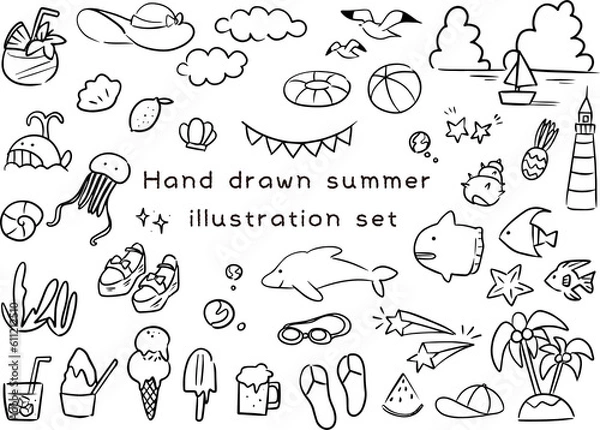 Fototapeta かわいい手書きの夏素材セット