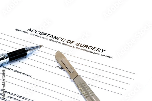 Fototapeta Isolated acceptance of surgery form scalpel and pen on white