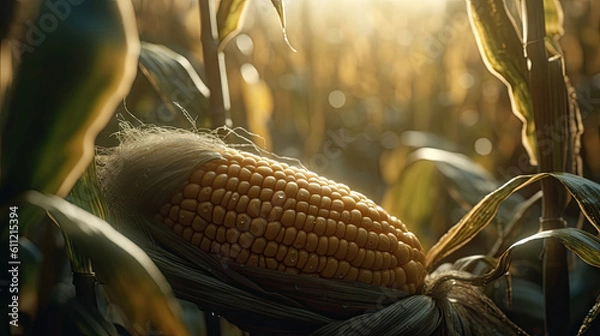 Fototapeta An ear of corn in a cornfield in the rays of light, generative ai, 8k